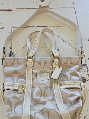 Coach Cream & Beige Signature Canvas Tote with Gold Hardware